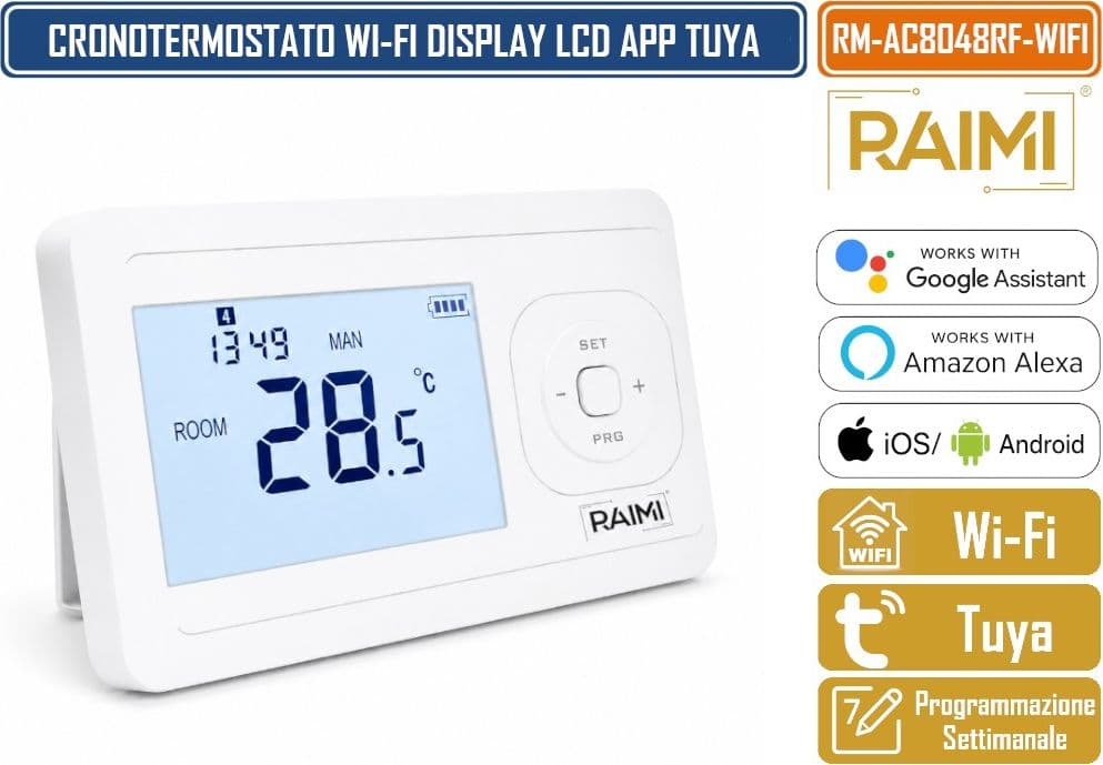 RAIMI AC8048RF-WIFI CRONOTERMOSTATO DIGITALE WIRELESS SMART PER CALDAIA CON DISPLAY LCD, PROGRAMMAZIONE SETTIMANALE 5+1+1 E CONTROLLO APP SMART LIFE TUYA - 4