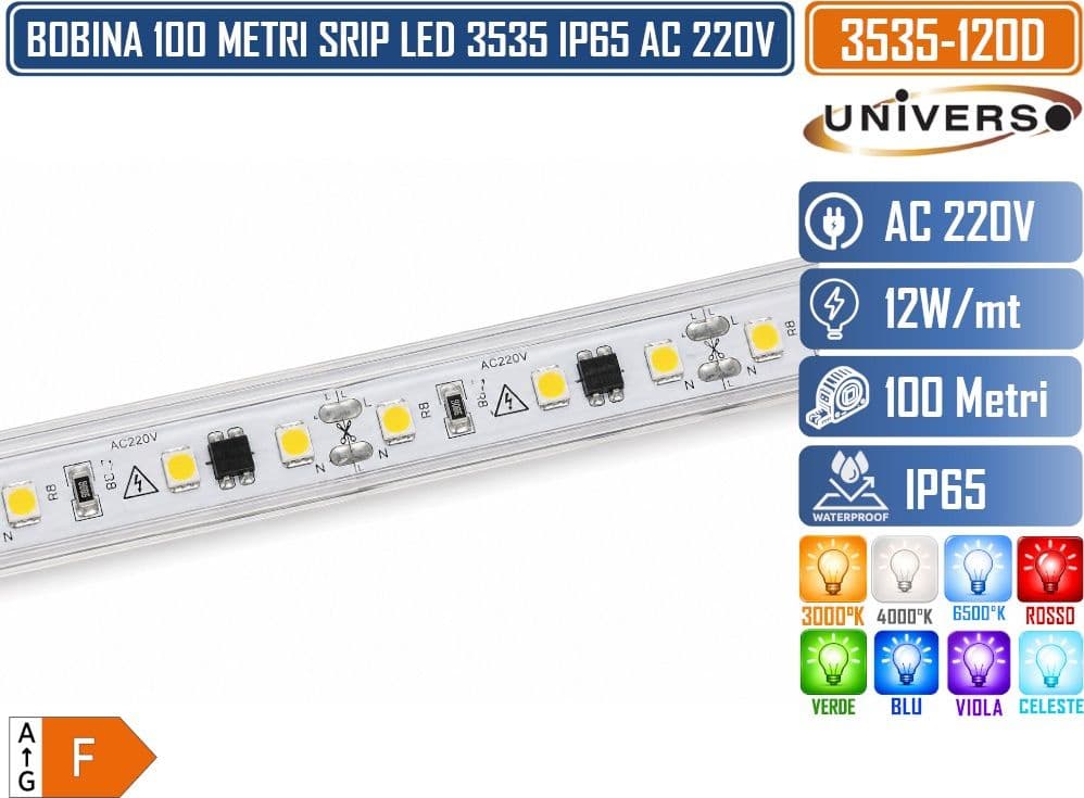 UNIVERSO 3535-120D BOBINA STRISCIA LED 220V IP65 100 METRI 120 LED/M 12W/M DA ESTERNO IP65– DISPONIBILE IN 3000K, 4000K, 6500K, ROSSO, VERDE, BLU, VIOLA E CELESTE - 2