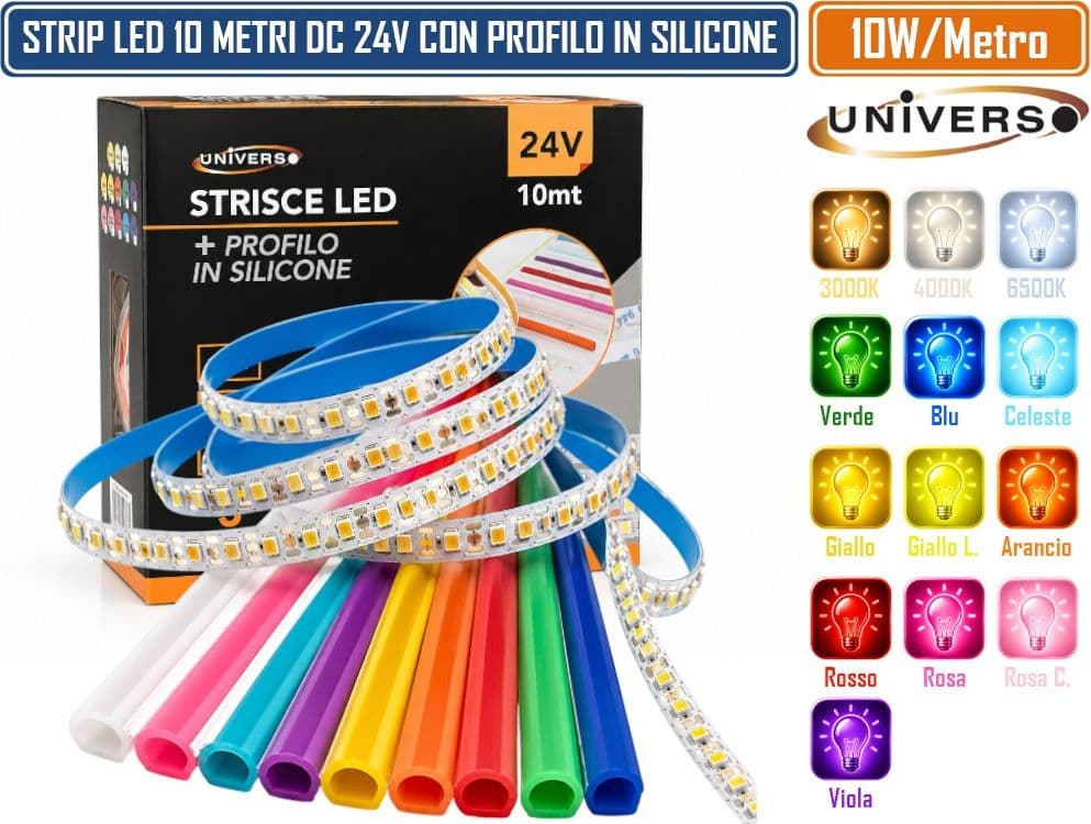 UNIVERSO STRIP LED 10 METRI CON PROFILO IN SILICONE COLORATO 24V DC 10W/M 120 LED/M SMD IP20 TAGLIABILE
