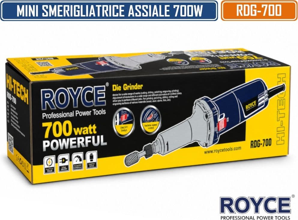 ROYCE RDG-700 SMERIGLIATRICE ASSIALE ELETTRICA 700W A VELOCITÀ REGOLABILE 0-27.000 GIRI/MIN CON MANDRINO Ø6MM - 5