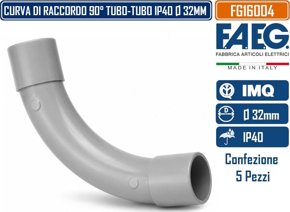 CONFEZIONE 5 CURVE RIGIDE 90° TUBO-TUBO Ø32 MM IN TECNOPOLIMERO AUTOESTINGUENTE IP40 COLORE GRIGIO RAL 7035 FAEG - FG16004 - 2