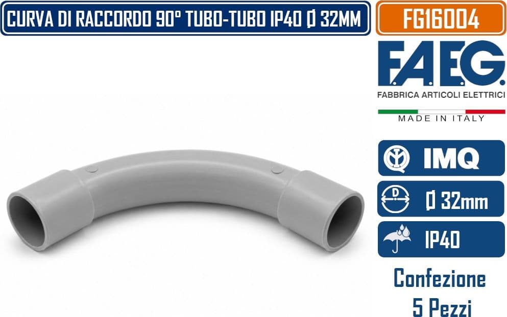 CONFEZIONE 5 CURVE RIGIDE 90° TUBO-TUBO Ø32 MM IN TECNOPOLIMERO AUTOESTINGUENTE IP40 COLORE GRIGIO RAL 7035 FAEG - FG16004 - 3