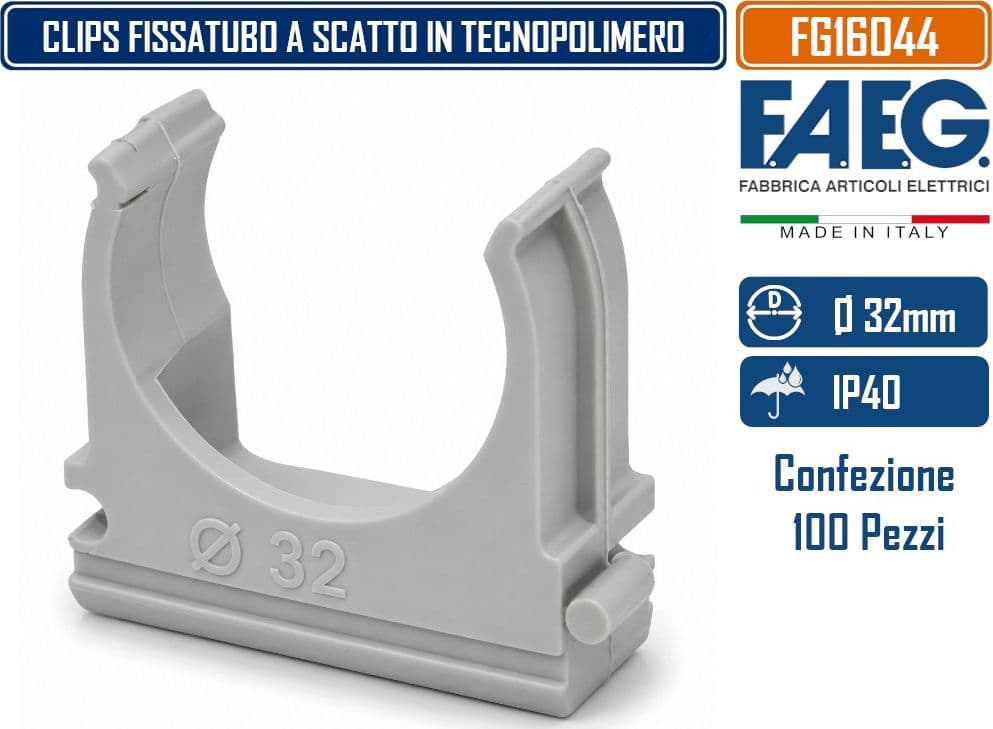 FAEG FG16044 CONFEZIONE 100 CLIPS FISSATUBO A SCATTO Ø32 MM PER TUBI RIGIDI E FLESSIBILI IN TECNOPOLOMERO AUTOESTINGUENTE GRIGIO RAL 7035 - 2