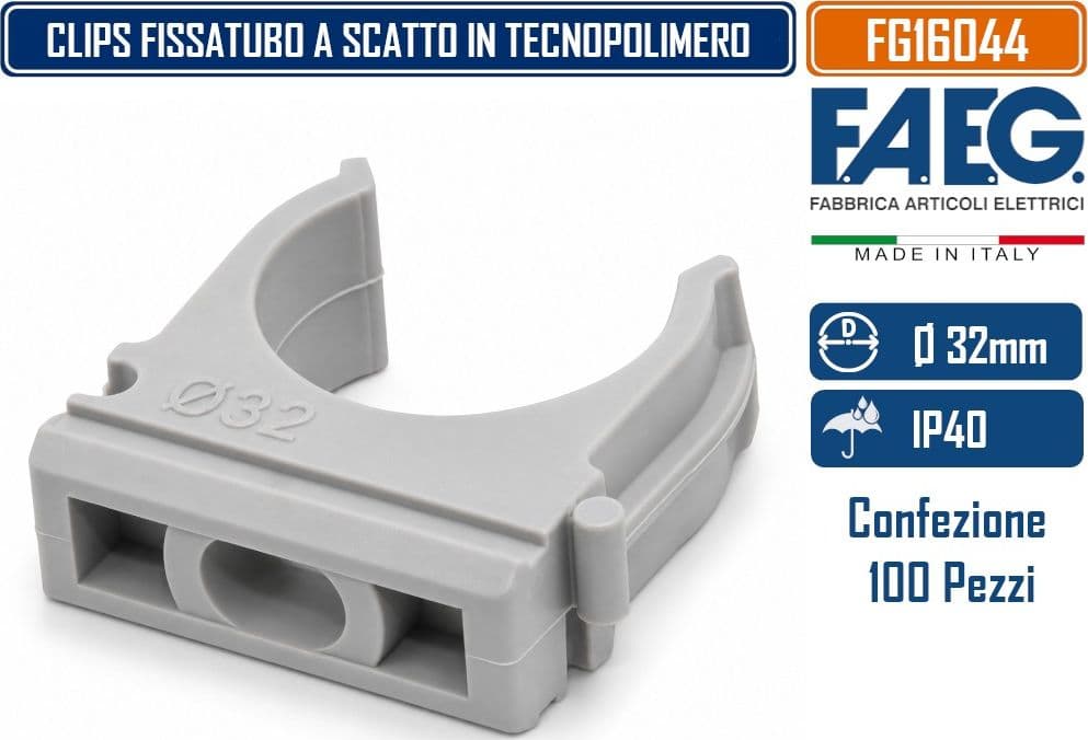 FAEG FG16044 CONFEZIONE 100 CLIPS FISSATUBO A SCATTO Ø32 MM PER TUBI RIGIDI E FLESSIBILI IN TECNOPOLOMERO AUTOESTINGUENTE GRIGIO RAL 7035 - 3