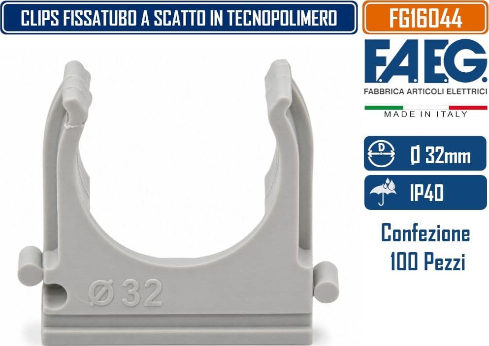 FAEG FG16044 CONFEZIONE 100 CLIPS FISSATUBO A SCATTO Ø32 MM PER TUBI RIGIDI E FLESSIBILI IN TECNOPOLOMERO AUTOESTINGUENTE GRIGIO RAL 7035 - 4