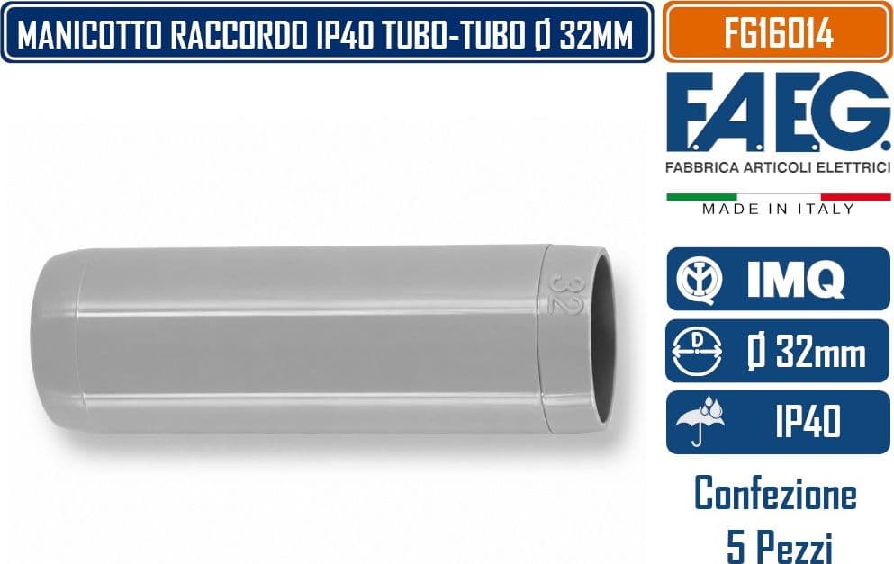 FAEG FG16014 CONFEZIONE 5 PEZZI MANICOTTO GIUNTO UNEL TUBO-TUBO PER TUBI RIGIDI Ø32 MM IN TECNOPOLIMERO AUTOESTINGUENTE GRIGIO RAL7035 IP40 CONFORME CEI EN 61386-1 / EN 61386-21 - 2