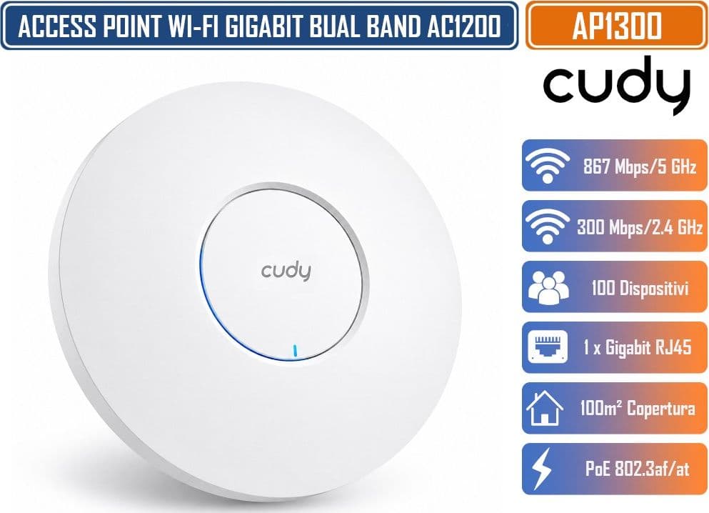 CUDY AP1300 2.0 ACCESS POINT WI-FI 5 AC1200 DUAL BAND GIGABIT MU-MIMO MESH POE 802.3AF/AT DA PARETE O SOFFITTO FINO A 100 DISPOSITIVI - 2