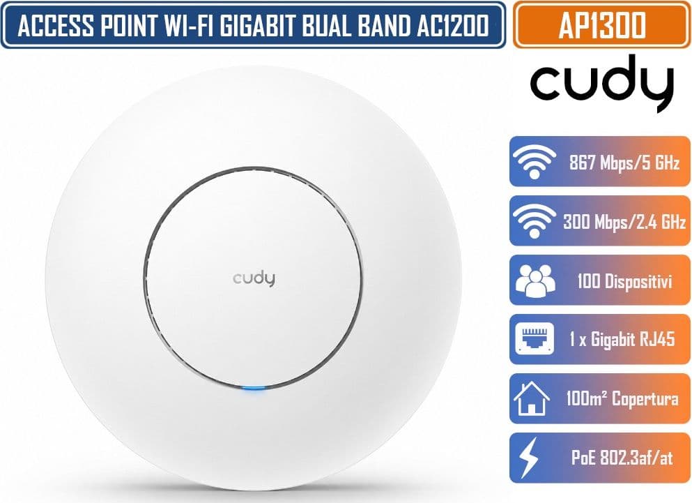 CUDY AP1300 2.0 ACCESS POINT WI-FI 5 AC1200 DUAL BAND GIGABIT MU-MIMO MESH POE 802.3AF/AT DA PARETE O SOFFITTO FINO A 100 DISPOSITIVI - 3