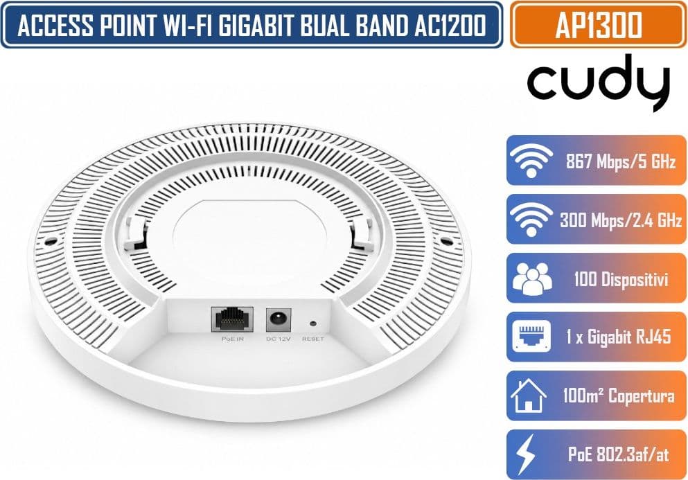 CUDY AP1300 2.0 ACCESS POINT WI-FI 5 AC1200 DUAL BAND GIGABIT MU-MIMO MESH POE 802.3AF/AT DA PARETE O SOFFITTO FINO A 100 DISPOSITIVI - 4