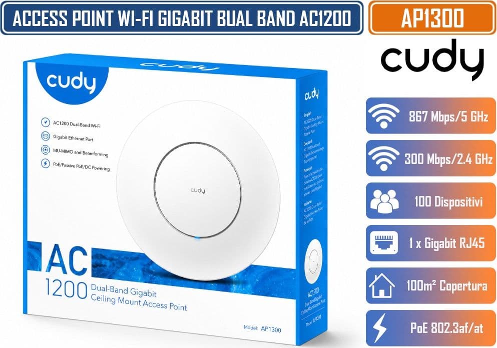 CUDY AP1300 2.0 ACCESS POINT WI-FI 5 AC1200 DUAL BAND GIGABIT MU-MIMO MESH POE 802.3AF/AT DA PARETE O SOFFITTO FINO A 100 DISPOSITIVI - 5