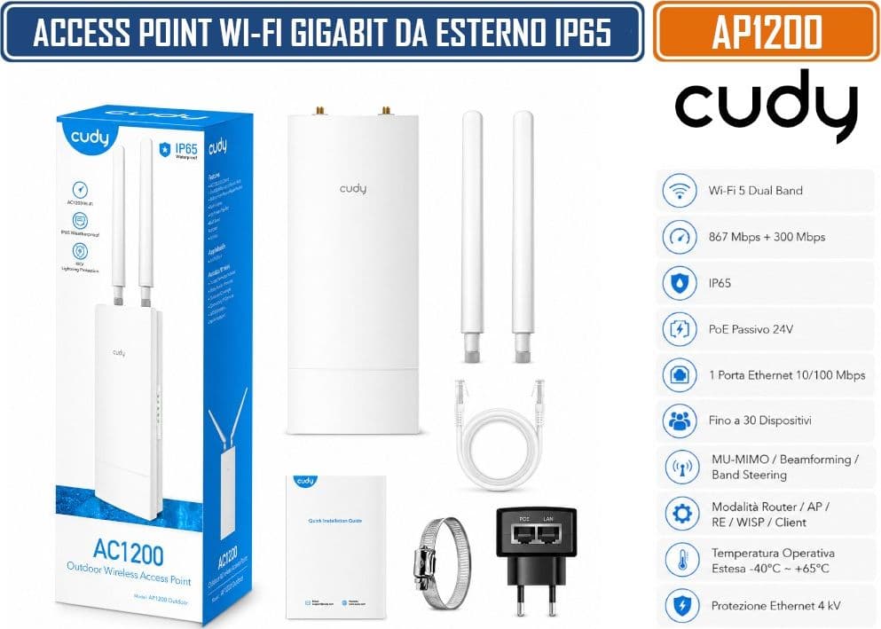 CUDY AP1200 OUTDOOR PUNTO DI ACCESSO WI-FI 5 AC1200 DUAL BAND 2,4/5 GHZ IP65 CON POE PASSIVO 24V, MU-MIMO, BEAMFORMING E INSTALLAZIONE A PARETE O SU PALO