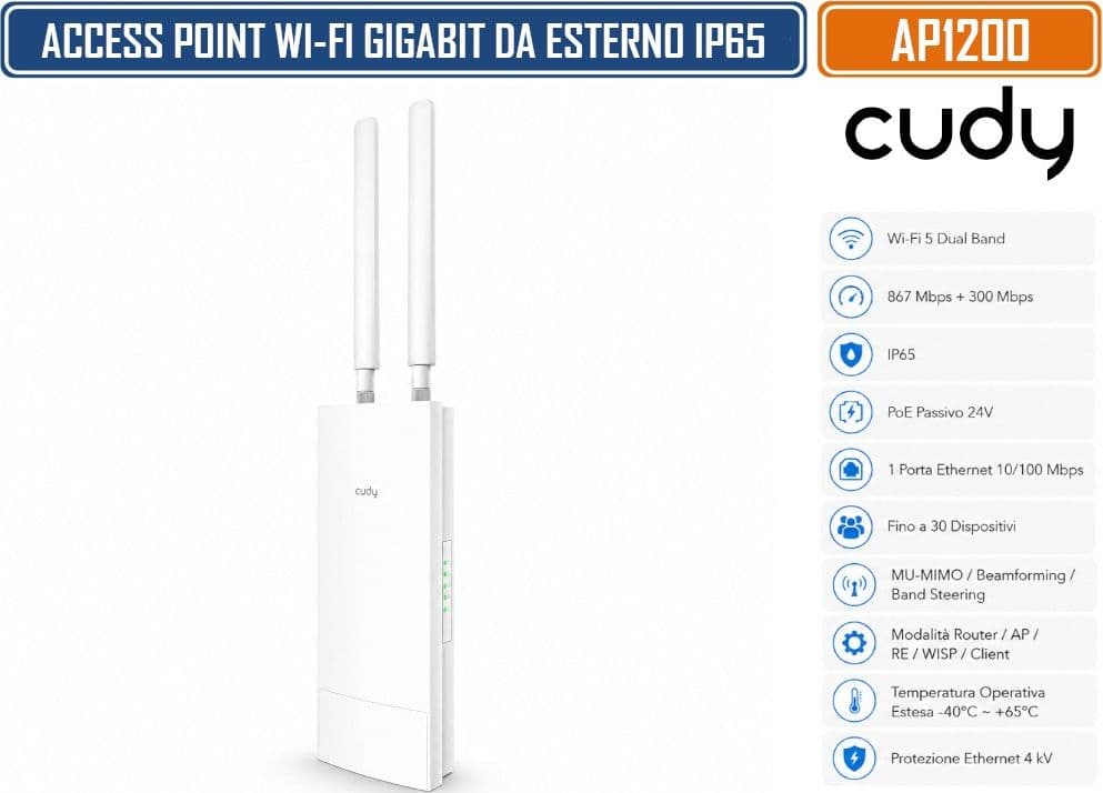 CUDY AP1200 OUTDOOR PUNTO DI ACCESSO WI-FI 5 AC1200 DUAL BAND 2,4/5 GHZ IP65 CON POE PASSIVO 24V, MU-MIMO, BEAMFORMING E INSTALLAZIONE A PARETE O SU PALO - 2