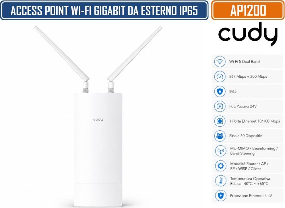CUDY AP1200 OUTDOOR PUNTO DI ACCESSO WI-FI 5 AC1200 DUAL BAND 2,4/5 GHZ IP65 CON POE PASSIVO 24V, MU-MIMO, BEAMFORMING E INSTALLAZIONE A PARETE O SU PALO - 3