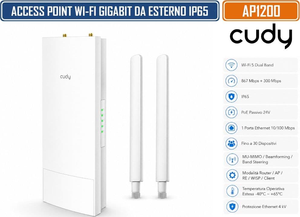 CUDY AP1200 OUTDOOR PUNTO DI ACCESSO WI-FI 5 AC1200 DUAL BAND 2,4/5 GHZ IP65 CON POE PASSIVO 24V, MU-MIMO, BEAMFORMING E INSTALLAZIONE A PARETE O SU PALO - 4