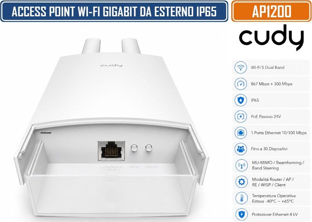 CUDY AP1200 OUTDOOR PUNTO DI ACCESSO WI-FI 5 AC1200 DUAL BAND 2,4/5 GHZ IP65 CON POE PASSIVO 24V, MU-MIMO, BEAMFORMING E INSTALLAZIONE A PARETE O SU PALO - 5