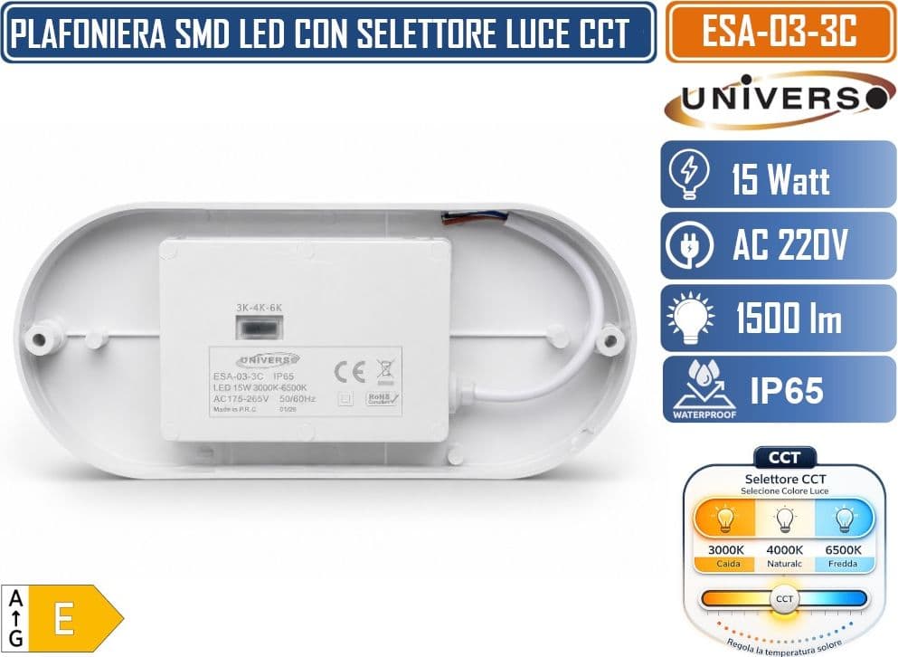 UNIVERSO ESA-03-3C APPLIQUE LED OVALE 15W CCT SWITCH IP65 DA PARETE E SOFFITTO 3000K 4000K 6500K 1500 LUMEN FASCIO 120° BIANCA AC 175-265V PER USO INTERNO ED ESTERNO - 5