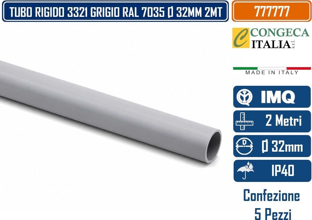 CONFEZIONE 5 PEZZI TUBO RIGIDO 3321 GRIGIO RAL 7035 LUNGHEZZA 2 METRI DIAMETRO Ø 32MM - 2