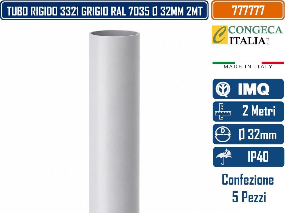 CONFEZIONE 5 PEZZI TUBO RIGIDO 3321 GRIGIO RAL 7035 LUNGHEZZA 2 METRI DIAMETRO Ø 32MM - 3