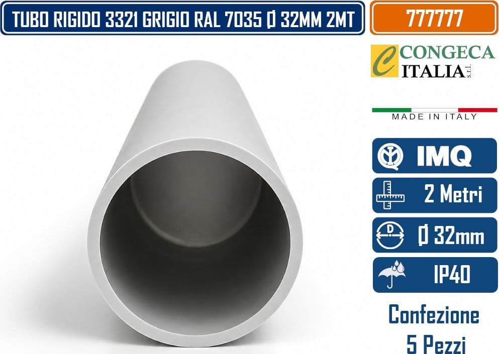 CONFEZIONE 5 PEZZI TUBO RIGIDO 3321 GRIGIO RAL 7035 LUNGHEZZA 2 METRI DIAMETRO Ø 32MM - 4