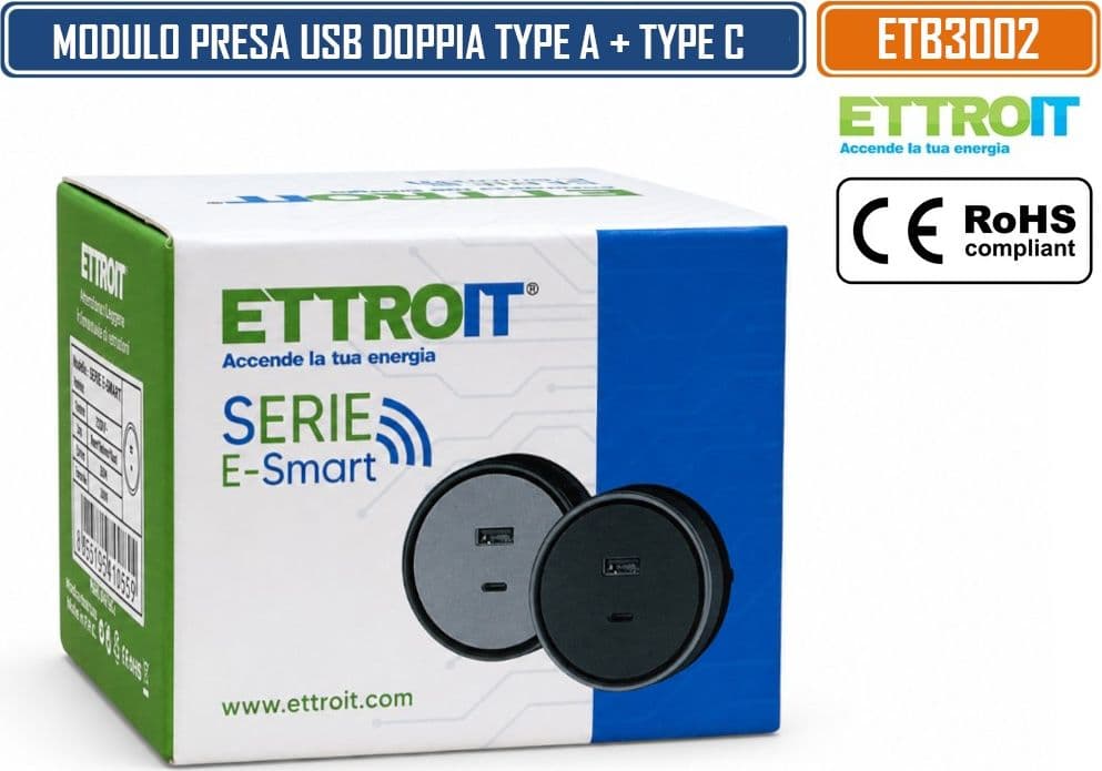 ETTROIT ETB3002 PRESA USB-A + USB-C 12W PLUG&PLAY PER SISTEMA A BINARIO ELETTRICO CON USCITA 5V 2,5A – COLORE NERO - 4