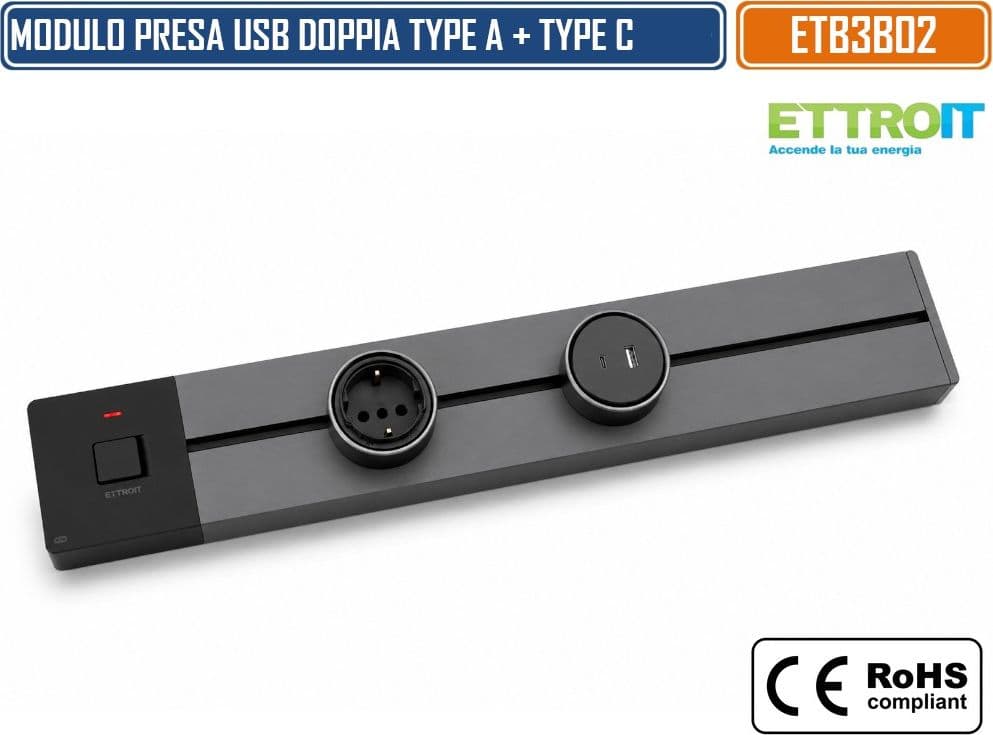 ETTROIT ETB3002 PRESA USB-A + USB-C 12W PLUG&PLAY PER SISTEMA A BINARIO ELETTRICO CON USCITA 5V 2,5A – COLORE NERO - 5