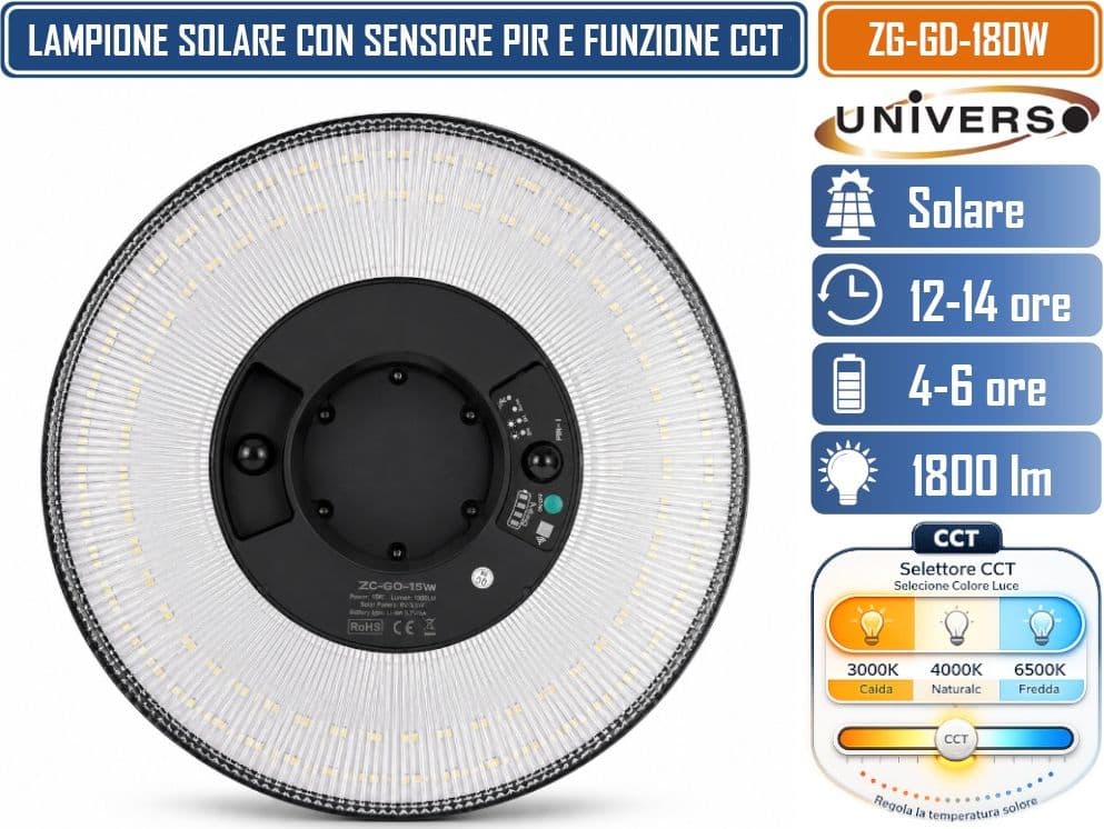 UNIVERSO ZG-GD-180W LAMPIONE SOLARE LED 180W EQUIVALENTI CON PANNELLO SOLARE INTEGRATO, SENSORE DI MOVIMENTO PIR, TELECOMANDO, CCT 3IN1 3000K 4000K 6500K, 1800 LM, BATTERIA LITIO 12AH, IP65 PER ESTERNO - 2