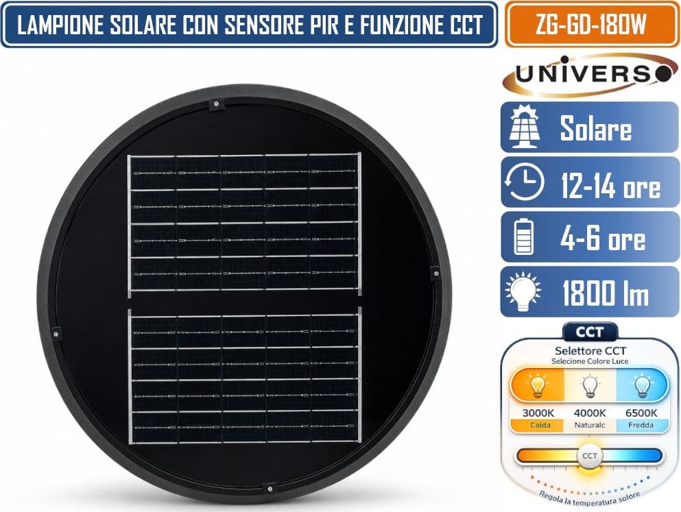 UNIVERSO ZG-GD-180W LAMPIONE SOLARE LED 180W EQUIVALENTI CON PANNELLO SOLARE INTEGRATO, SENSORE DI MOVIMENTO PIR, TELECOMANDO, CCT 3IN1 3000K 4000K 6500K, 1800 LM, BATTERIA LITIO 12AH, IP65 PER ESTERNO - 3