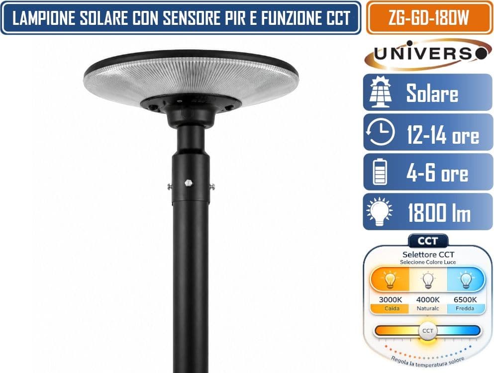 UNIVERSO ZG-GD-180W LAMPIONE SOLARE LED 180W EQUIVALENTI CON PANNELLO SOLARE INTEGRATO, SENSORE DI MOVIMENTO PIR, TELECOMANDO, CCT 3IN1 3000K 4000K 6500K, 1800 LM, BATTERIA LITIO 12AH, IP65 PER ESTERNO - 4