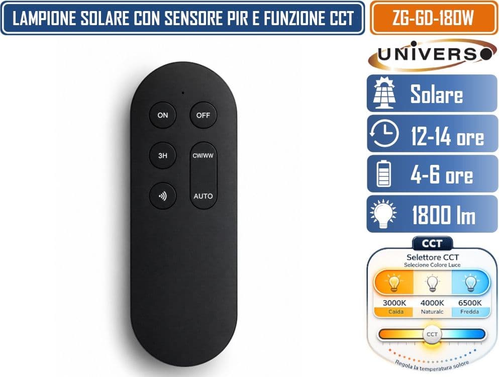 UNIVERSO ZG-GD-180W LAMPIONE SOLARE LED 180W EQUIVALENTI CON PANNELLO SOLARE INTEGRATO, SENSORE DI MOVIMENTO PIR, TELECOMANDO, CCT 3IN1 3000K 4000K 6500K, 1800 LM, BATTERIA LITIO 12AH, IP65 PER ESTERNO - 5