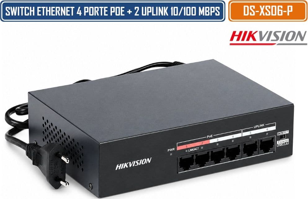 HIKVISION DS-XS06-P SWITCH POE FAST ETHERNET 6 PORTE 10/100 MBPS CON 4 PORTE POE, 2 PORTE UPLINK, BUDGET 35W E TRASMISSIONE EXTEND FINO A 300 METRI