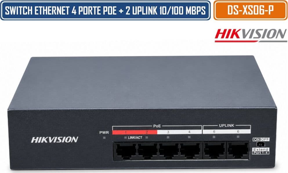 HIKVISION DS-XS06-P SWITCH POE FAST ETHERNET 6 PORTE 10/100 MBPS CON 4 PORTE POE, 2 PORTE UPLINK, BUDGET 35W E TRASMISSIONE EXTEND FINO A 300 METRI - 2