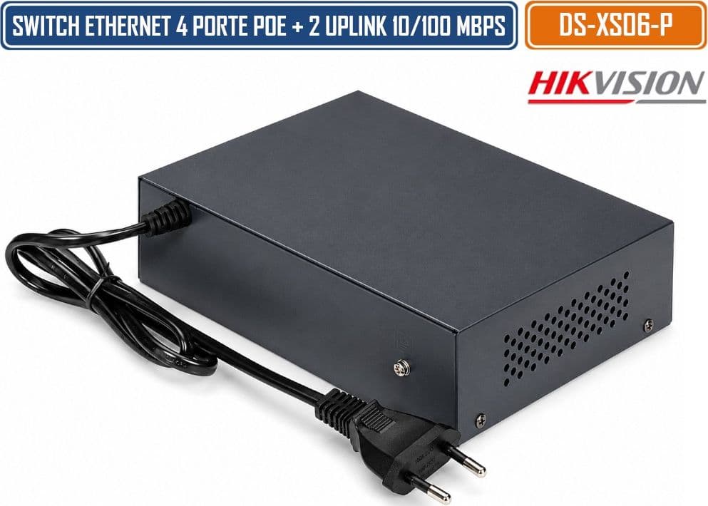 HIKVISION DS-XS06-P SWITCH POE FAST ETHERNET 6 PORTE 10/100 MBPS CON 4 PORTE POE, 2 PORTE UPLINK, BUDGET 35W E TRASMISSIONE EXTEND FINO A 300 METRI - 3