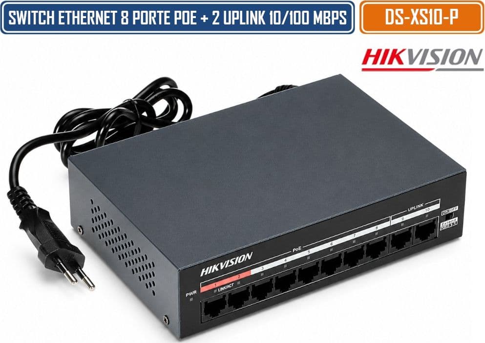 HIKVISION DS-XS10-P SWITCH POE FAST ETHERNET NON GESTITO 8 PORTE POE + 2 PORTE UPLINK 10/100 MBPS BUDGET 60W TRASMISSIONE FINO A 300 METRI