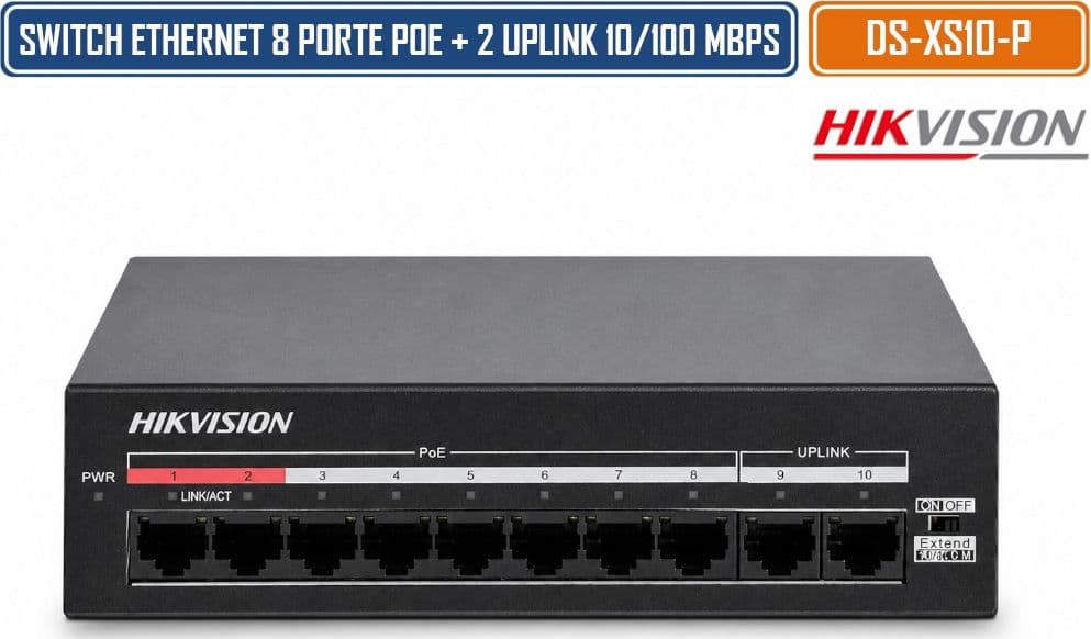 HIKVISION DS-XS10-P SWITCH POE FAST ETHERNET NON GESTITO 8 PORTE POE + 2 PORTE UPLINK 10/100 MBPS BUDGET 60W TRASMISSIONE FINO A 300 METRI - 2