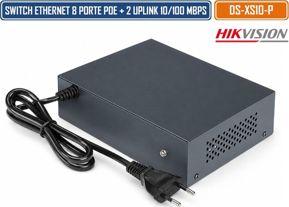 HIKVISION DS-XS10-P SWITCH POE FAST ETHERNET NON GESTITO 8 PORTE POE + 2 PORTE UPLINK 10/100 MBPS BUDGET 60W TRASMISSIONE FINO A 300 METRI - 3