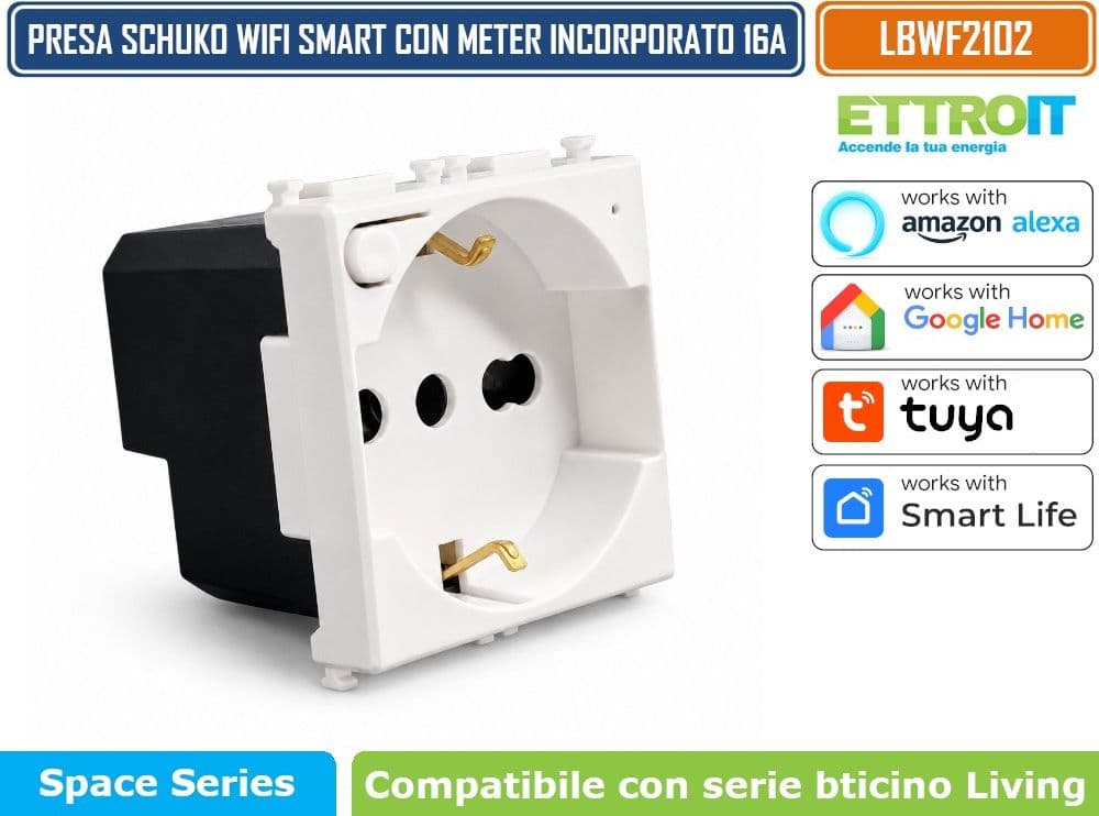ETTROIT LBWF2102 PRESA SCHUKO SMART WIFI 16A 3680W CON MONITORAGGIO CONSUMI COMPATIBILE BTICINO LIVING LIGHT BIANCA TUYA SMART LIFE ALEXA GOOGLE ASSISTANT - 2