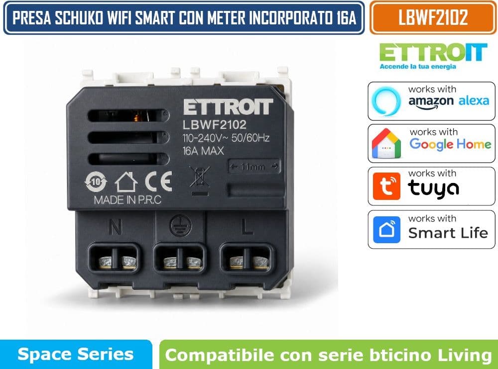 ETTROIT LBWF2102 PRESA SCHUKO SMART WIFI 16A 3680W CON MONITORAGGIO CONSUMI COMPATIBILE BTICINO LIVING LIGHT BIANCA TUYA SMART LIFE ALEXA GOOGLE ASSISTANT - 4