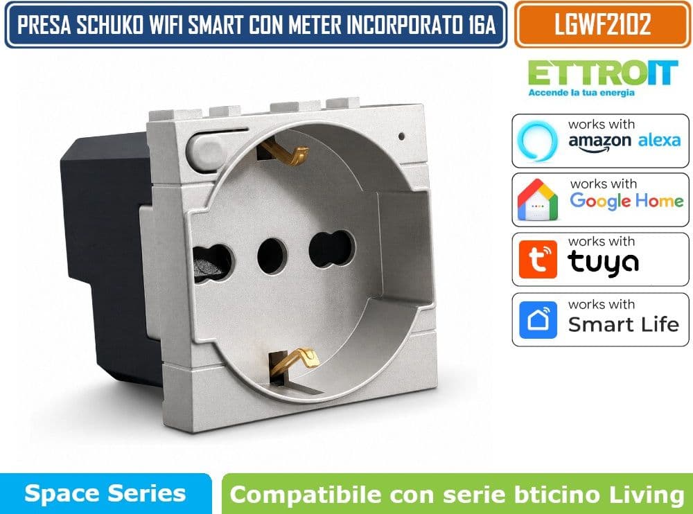 ETTROIT LGWF2102 PRESA SCHUKO SMART WIFI 16A 3680W CON MONITORAGGIO CONSUMI COMPATIBILE BTICINO LIVING LIGHT GRIGIA TUYA SMART LIFE ALEXA GOOGLE ASSISTANT - 2