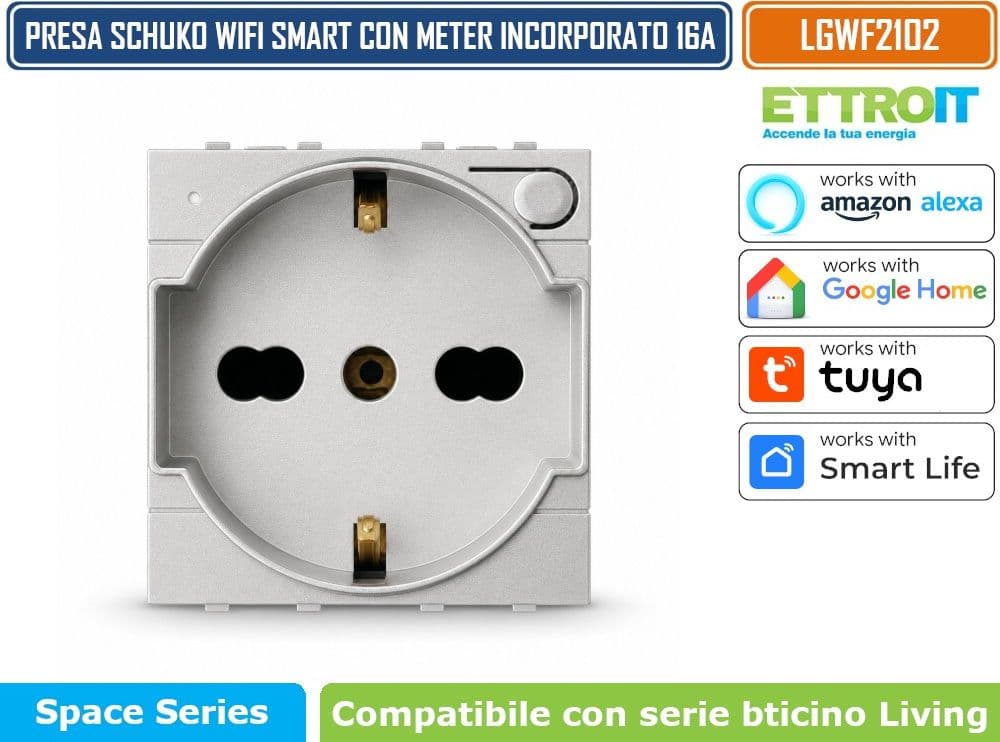 ETTROIT LGWF2102 PRESA SCHUKO SMART WIFI 16A 3680W CON MONITORAGGIO CONSUMI COMPATIBILE BTICINO LIVING LIGHT GRIGIA TUYA SMART LIFE ALEXA GOOGLE ASSISTANT - 3