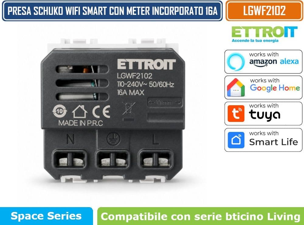 ETTROIT LGWF2102 PRESA SCHUKO SMART WIFI 16A 3680W CON MONITORAGGIO CONSUMI COMPATIBILE BTICINO LIVING LIGHT GRIGIA TUYA SMART LIFE ALEXA GOOGLE ASSISTANT - 4