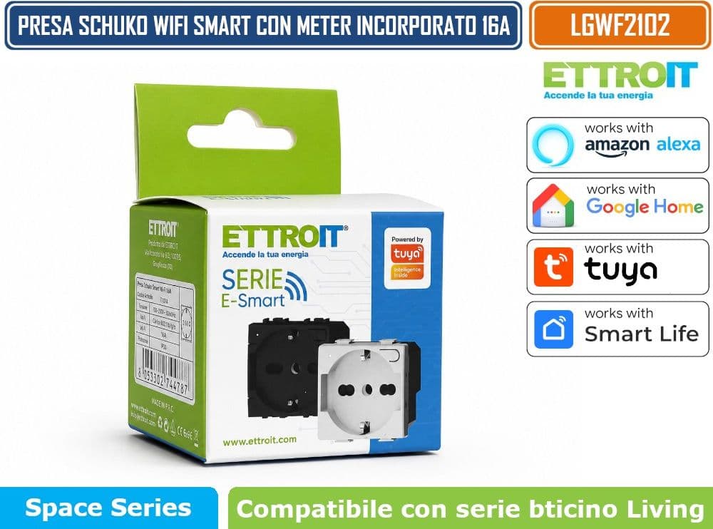 ETTROIT LGWF2102 PRESA SCHUKO SMART WIFI 16A 3680W CON MONITORAGGIO CONSUMI COMPATIBILE BTICINO LIVING LIGHT GRIGIA TUYA SMART LIFE ALEXA GOOGLE ASSISTANT - 5