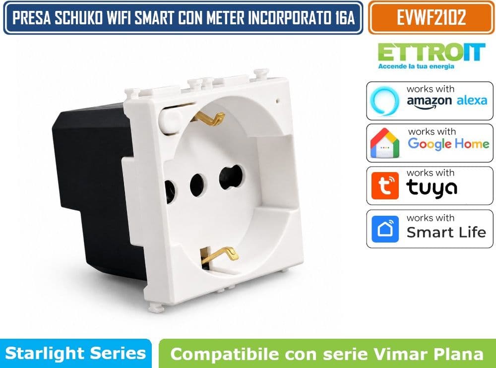 ETTROIT EVWF2102 PRESA SCHUKO SMART WIFI 16A 3680W CON MONITORAGGIO CONSUMI COMPATIBILE VIMAR PLANA BIANCA TUYA SMART LIFE ALEXA GOOGLE ASSISTANT - 2