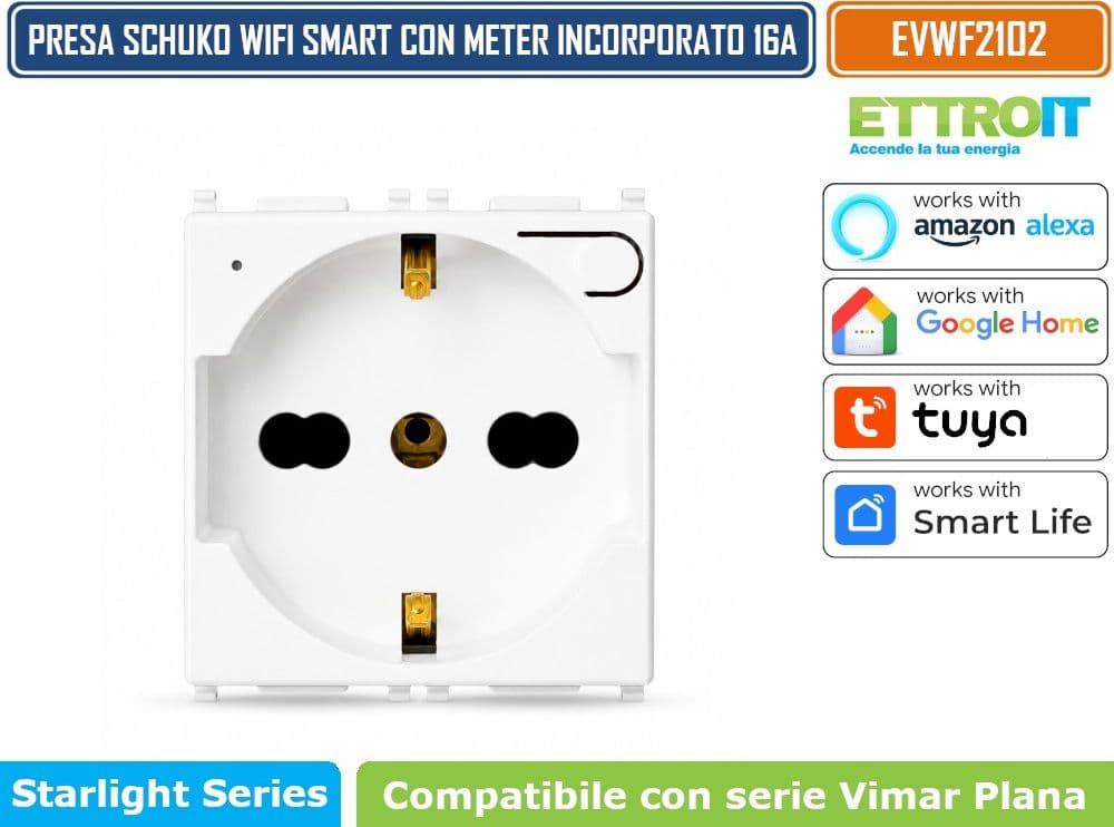 ETTROIT EVWF2102 PRESA SCHUKO SMART WIFI 16A 3680W CON MONITORAGGIO CONSUMI COMPATIBILE VIMAR PLANA BIANCA TUYA SMART LIFE ALEXA GOOGLE ASSISTANT - 3