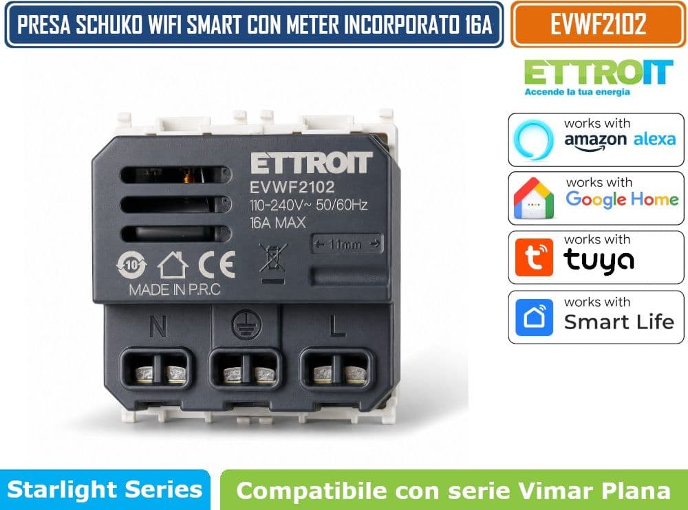 ETTROIT EVWF2102 PRESA SCHUKO SMART WIFI 16A 3680W CON MONITORAGGIO CONSUMI COMPATIBILE VIMAR PLANA BIANCA TUYA SMART LIFE ALEXA GOOGLE ASSISTANT - 4