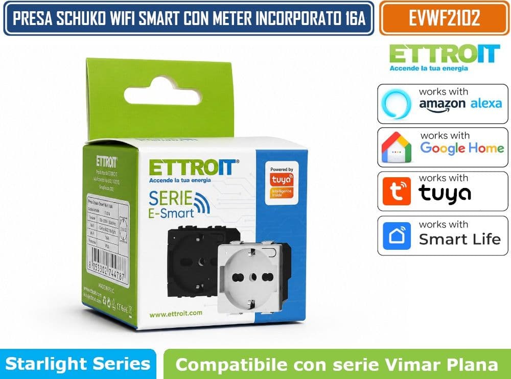 ETTROIT EVWF2102 PRESA SCHUKO SMART WIFI 16A 3680W CON MONITORAGGIO CONSUMI COMPATIBILE VIMAR PLANA BIANCA TUYA SMART LIFE ALEXA GOOGLE ASSISTANT - 5