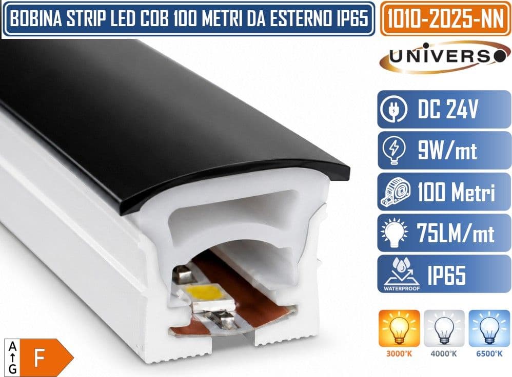 UNIVERSO 1010-2025-N BOBINA 100 METRI STRIP LED FLESSIBILE DC 24V 9W/M SMD 2025 IP65 COPERTURA NERA DIVISIBILE A QUALSIASI MISURA PER ESTERNO ED INTERNO 130 LED/M FASCIO 180° - 2