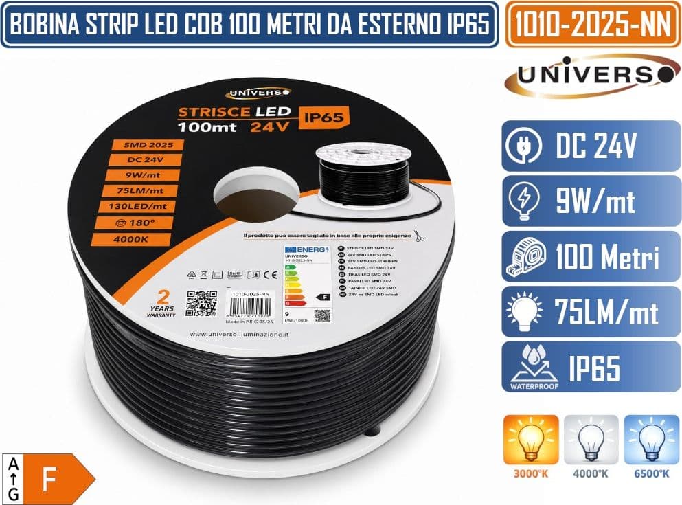 UNIVERSO 1010-2025-N BOBINA 100 METRI STRIP LED FLESSIBILE DC 24V 9W/M SMD 2025 IP65 COPERTURA NERA DIVISIBILE A QUALSIASI MISURA PER ESTERNO ED INTERNO 130 LED/M FASCIO 180° - 3