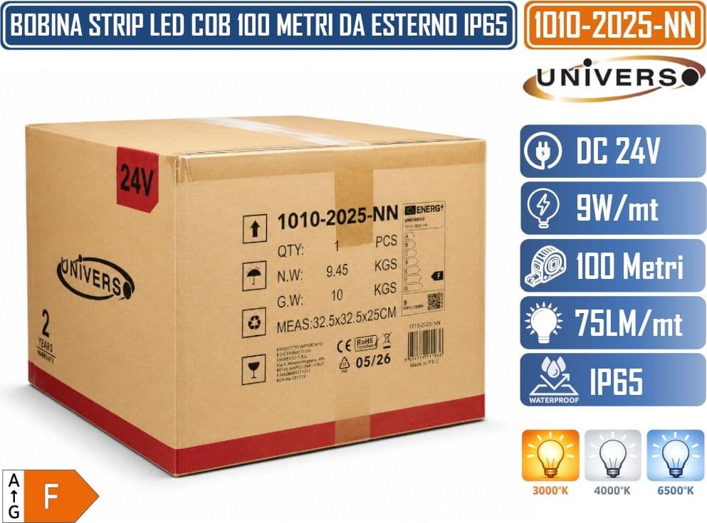 UNIVERSO 1010-2025-N BOBINA 100 METRI STRIP LED FLESSIBILE DC 24V 9W/M SMD 2025 IP65 COPERTURA NERA DIVISIBILE A QUALSIASI MISURA PER ESTERNO ED INTERNO 130 LED/M FASCIO 180° - 4