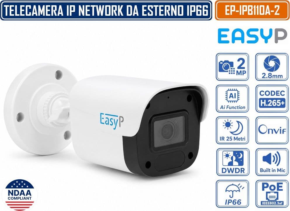 TELECAMERA BULLET IP EASY-P EP-IPB110A-2 2MP FULL HD CON INTELLIGENZA ARTIFICIALE, OTTICA 2.8 MM, IR 25M, MICROFONO INTEGRATO, IP66, POE E P2P