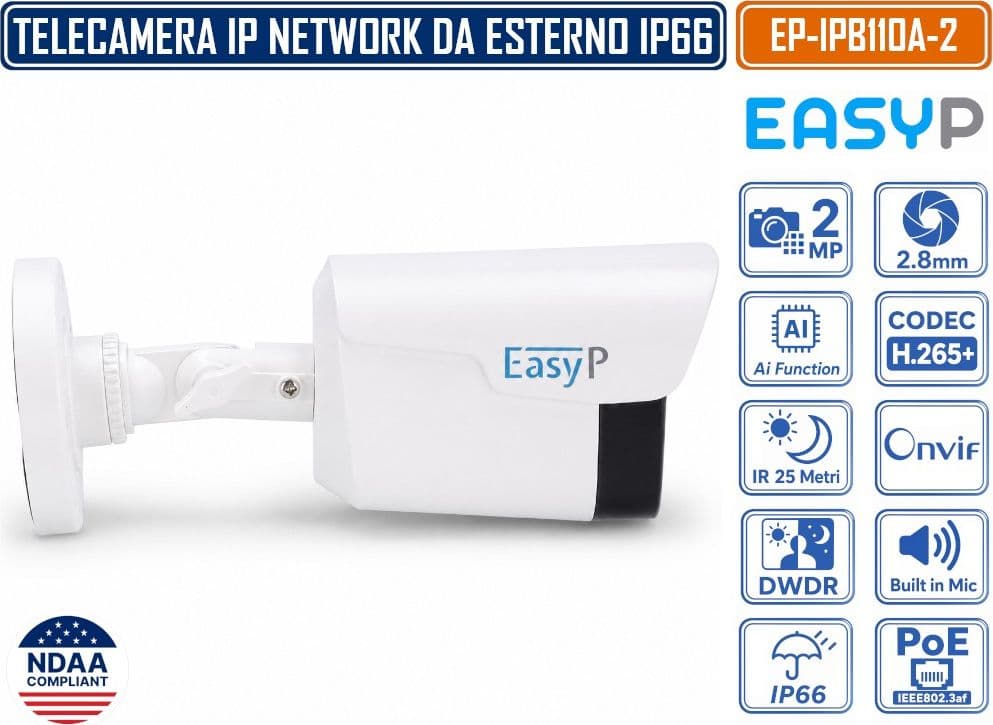 TELECAMERA BULLET IP EASY-P EP-IPB110A-2 2MP FULL HD CON INTELLIGENZA ARTIFICIALE, OTTICA 2.8 MM, IR 25M, MICROFONO INTEGRATO, IP66, POE E P2P - 2